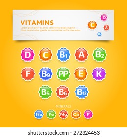 Vector set colorful glossy labels vitamins. Icons minerals