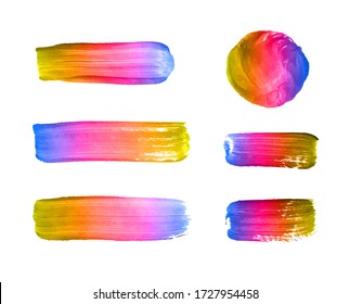 Vector set of colorful gradient paint brush strokes isolated on white background, rainbow colors, multicolored textured decorative elements collection.