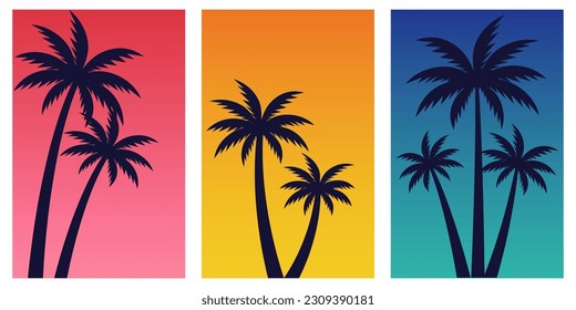 Vector set of colorful gradient tropical backgrounds with palm trees. Summer poster,flyers template.Vector illustration