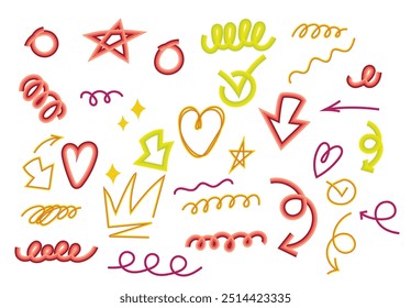 Vector set of colorful graphic multicolored arrows isolated from the background, perfect for various design projects. Arrows of different shapes and directions