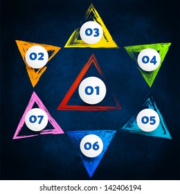 Vector set of colorful grunge triangle brush strokes with options on dark. Infographics elements