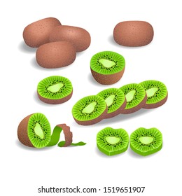 Vector set of colorful half slice and whole of fresh kiwi isolated on white background