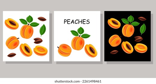 Vector set of colorful half, slice and whole of juicy peach. Fresh cartoon peaches isolated on white background. Juice or jam logotype.