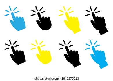 Vector set of colorful hand cursor icons. Colored pointers for the Internet. Stock image.