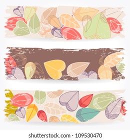 Vector set of colorful, hand drawn style retro, grunge autumn leaves banners illustration