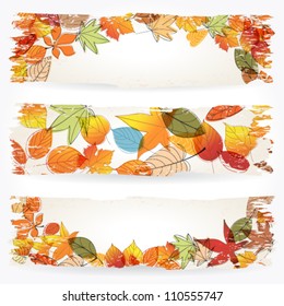 Vector set of colorful, hand drawn style retro, grunge autumn leaves banners illustration