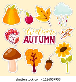 Vector set of colorful hand drawn trendy stickers of autumn symbols on red background.