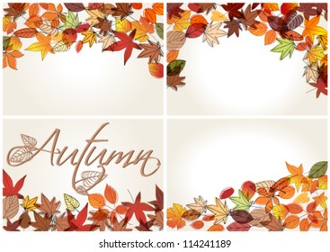 Vector set of colorful, hand drawn style autumn leaves background illustrations
