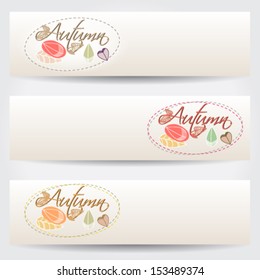 Vector set of colorful, hand drawn style autumn leaves web banners illustration