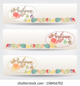 Vector set of colorful, hand drawn style autumn leaves web banners illustration