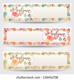 Vector set of colorful, hand drawn style autumn leaves web banners illustration