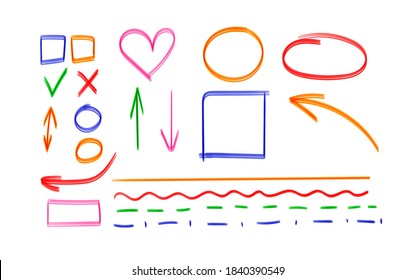 Conjunto vectorial de elementos de diseño con dibujos a mano coloridos aislados en fondo blanco, círculos, formas geométricas, flechas, corazón, trazos de subrayado, dibujos de resaltado.