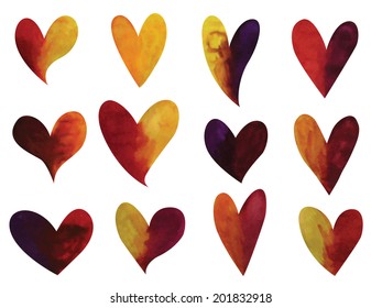Vector set of colorful hand drawn watercolor gradient hearts isolated on white