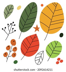 Vector set of colorful hand drawn autumn leaves and berries. Flat style fall season drawings. Isolated on white background. 