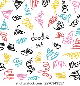 Conjunto vectorial de formas coloridas de líneas de resortes dibujadas a mano. Se han establecido trazos de pincel de burbujas. Patrón de doodle de primavera. Ilustración vectorial aislada en fondo blanco