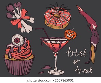 Conjunto de Vector de coloridos dulces de Halloween dibujados a mano. Colección de iconos tradicionales de dulces de Halloween. Diseño de letras de truco o trato