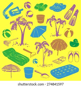 Vector set: Colorful hand drawn beach equipment