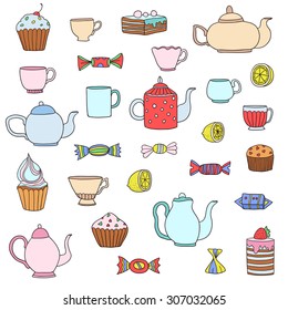 Vector set of colorful hand drawn teapots, cups and dessert. 