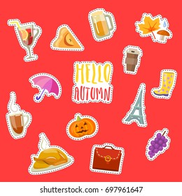 Vector set of colorful hand drawn trendy stickers of autumn symbols on red background.