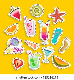 Vector set of colorful hand drawn trendy stickers of summer symbols on yellow background.