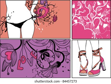 vector set of colorful hand drawn cards with a girl in bikini , fashion summer shoes and fantasy flowers