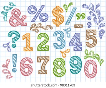 Vector set with colorful hand written ABC letters and figures