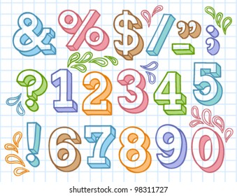 Vector set with colorful hand written ABC letters and figures