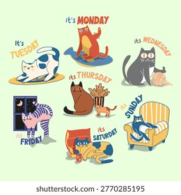Vector set of colorful hand-drawn cats representing each day of the week from Monday to Sunday. Cute feline characters in various activities: stretching, playing, lounging, and sleeping. Ideal for planners, stickers, social media posts, and stationery design. Funny kitten mood board with retro flat art style.