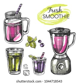 Vector set with colorful hand-drawn smoothie