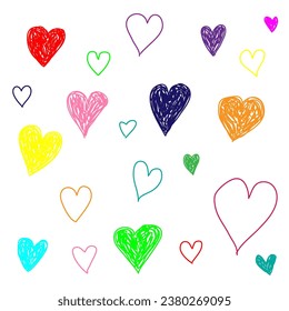 Vector set of colorful hearts drawn by hand with pencils in doodle style