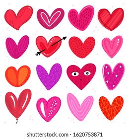 Vector set of colorful hearts with hand-drawn texture. Design elements for Valentine's Day. Symbol of love. Use аs stickers, printing on clothes, decorating banners, invitations, covers, holiday card