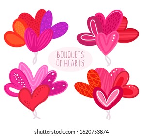 Vector set of colorful hearts with hand-drawn texture. Design elements for Valentine's Day. Symbol of love. Use аs stickers, printing on clothes, decorating banners, invitations, covers, holiday card