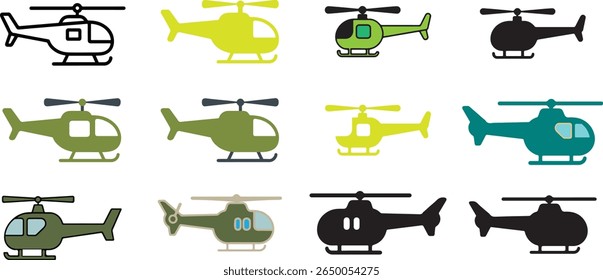 Vector Set of Colorful Helicopters and Flying helicopter. Aircraft vehicle with colorful cockpit and rotate turbine object collection. Military, civilian, rescue or cargo flight transport  