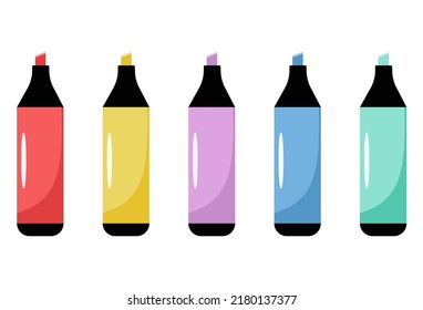Vector set of colorful highlighter isolated on a white background. Marker pen. Colored engineering office marker vector illustration simple equipment school supplies subject secretarial tools.