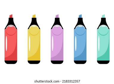 Vector set of colorful highlighter isolated on a white background. Marker pen. Colored engineering office marker vector illustration simple equipment school supplies subject secretarial tools.