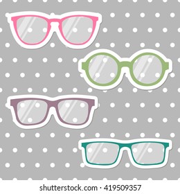 Vector set of colorful hipster style glasses on a grey polka dot background. Bright summer mood cartoon illustration of pink, green, purple and blue spectacles rims.
