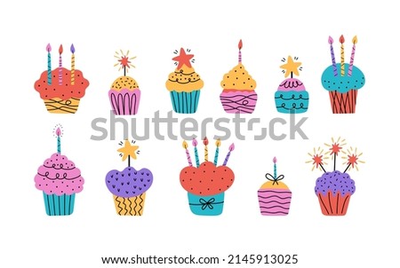 Vector set of colorful holiday doodle icons. Bday cake with candles, cupcakes, muffins. Happy birthday. Modern design in minimalistic scandinavian style for children's parties, birthday, anniversary