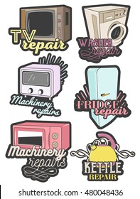 Vector set of colorful home appliance repair emblems. Isolated logos, badges, banners or labels in vintage style