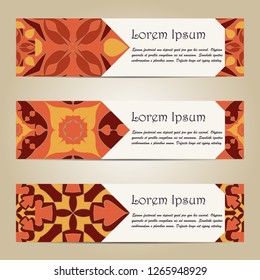 Vector set of colorful horizontal banners for business and invitation. Portuguese, Azulejo, Moroccan; Arabic; asian ornaments. Geometric and floral motifs