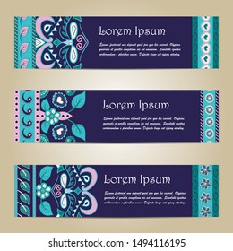 Vector set of colorful horizontal banners for business and invitation. Ethnic indian kalamkari ornament. Floral paisley decorative pattern. Ornamental folk design in oriental style