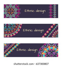 Vector set of colorful horizontal banners for business and invitation with mandala patterns. Striped geometric ornaments. Native american indian motifs. Boho style