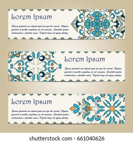 Vector set of colorful horizontal banners for business and invitation. Portuguese, Azulejo, Moroccan; Arabic; asian ornaments. Geometric and floral motifs