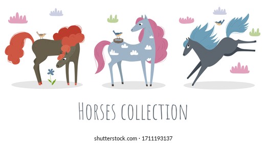 Vector set with colorful horses and birds. Cute animals for children. Illustration for children.
