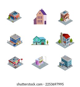 Vector set of colorful houses of various shapes consisting of buildings, 3D houses, house silhouettes, house with yard, house top view and more