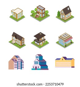 Vector set of colorful houses of various shapes consisting of buildings, 3D houses, house silhouettes, house with yard, house top view and more
