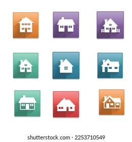 Vector set of colorful houses of various shapes consisting of buildings, 3D houses, house silhouettes, house with yard, house top view and more