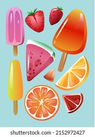 Vector set of Colorful Ice Cream. Delicious dessert: lemon, orange, watermelon and strawberry. Summer Vibes. Use for poster, print, design, stickers