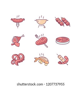 Vector set of colorful icon design and templates for grill house. Meat emblems or badges of steak, sausage. fish and other types of meat