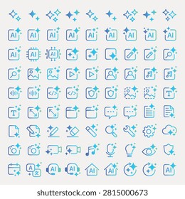 Vector set of colorful icons featuring AI, media, tools, and communication symbols. Includes outlines of devices, people, and various digital elements.