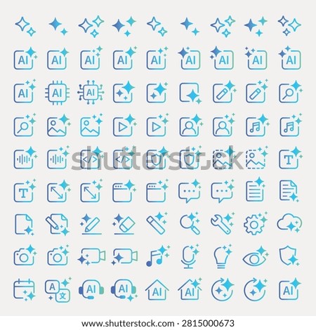 Vector set of colorful icons featuring AI, media, tools, and communication symbols. Includes outlines of devices, people, and various digital elements.